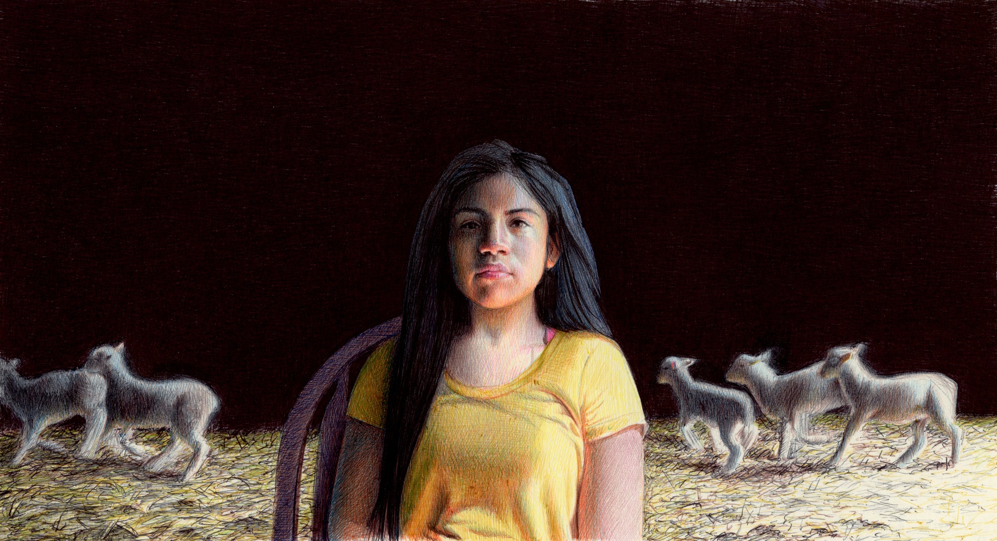 a drawing of a girl seated in front of lambs
