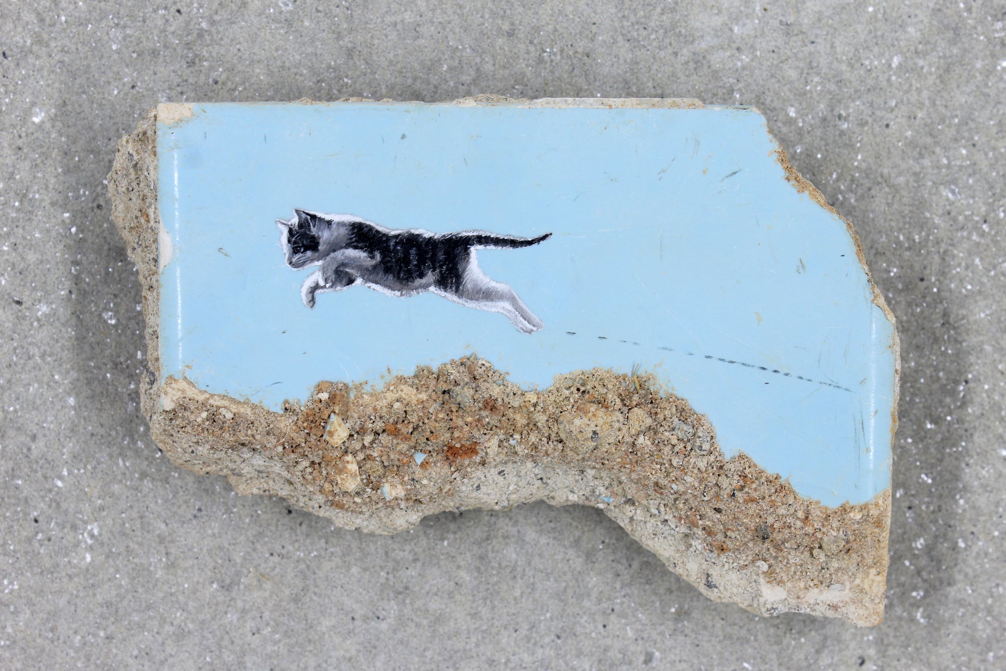 Artistic depiction of a cat running on a beach with blue sky and sand.