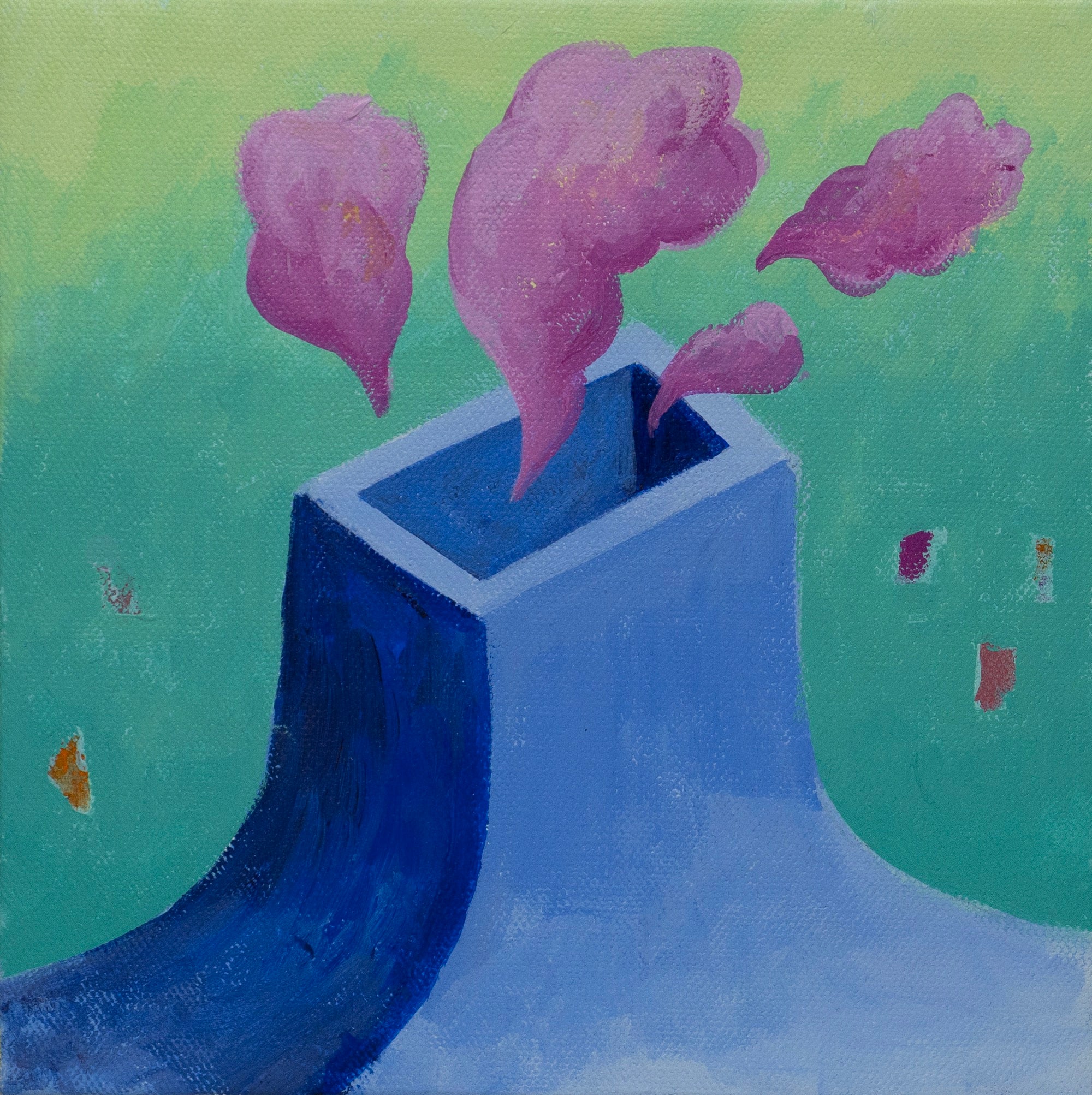a painting of a blue stack with pink clouds