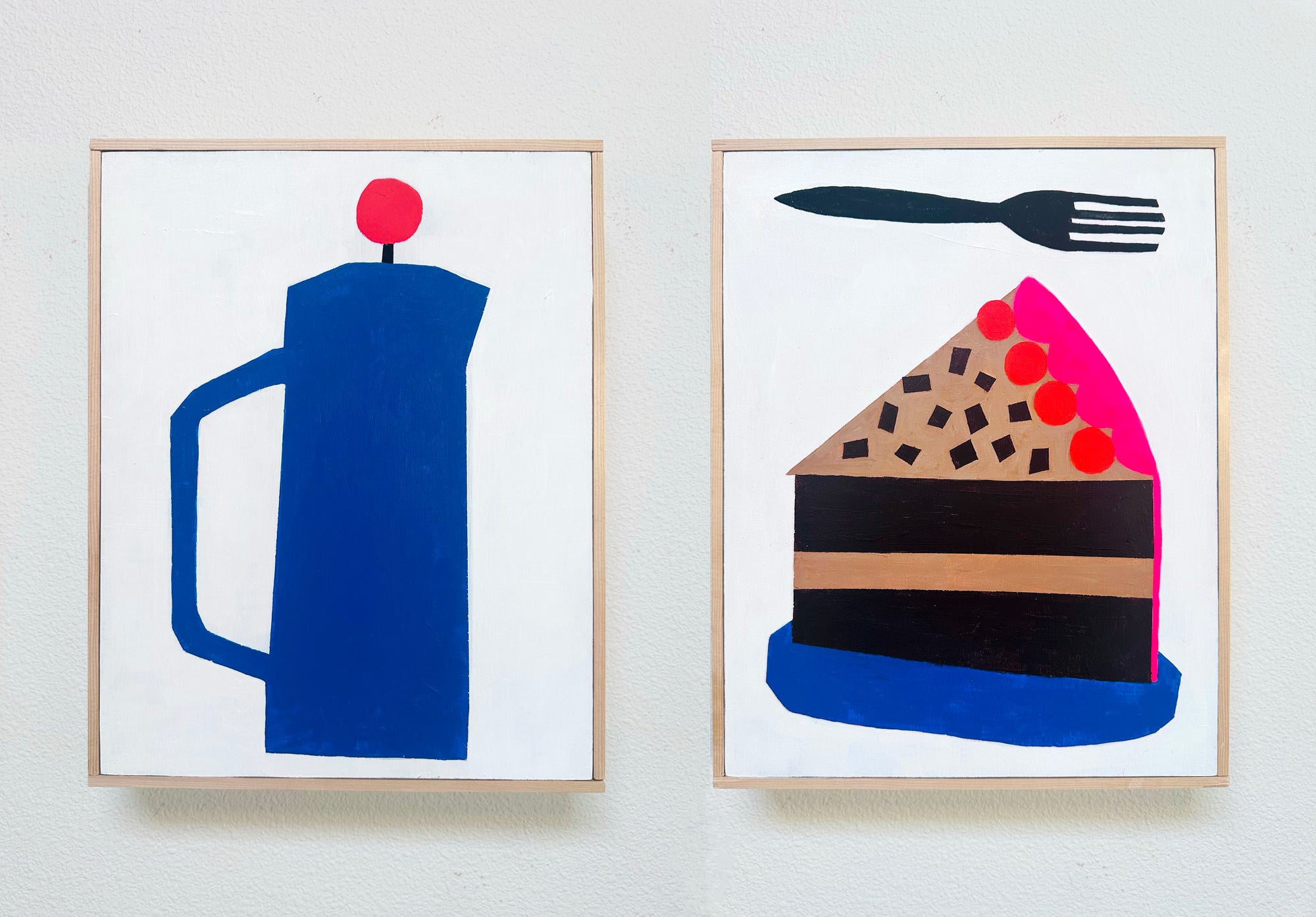 two paintings, on the left is a blue coffee pot with pink top, and on the right is a piece of chocolate cake on a blue plate with a fork overhead